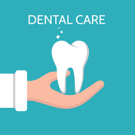 A healthy human tooth is in your hand. Symbol of dental care, oral health. Design element on the theme of dentistry, a healthy lifestyle.Flat style, isolated on a white background. Vector illustrationのイラスト素材
