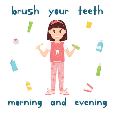 The girl holds a Toothbrush and toothpaste in her hands. A cartoon character, cute child in pajamas and Slippers stands and smiles. Oral hygiene for kids. Health of teeth. Isolated vector illustration. flatのイラスト素材