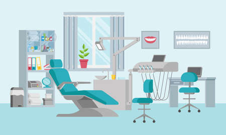 Concept of a dental unit with an adjustable chair, lamp, shelf, sink and window. Medical office in a flat style. Modern interior and equipment in the clinic. Posters on the walls. Vector illustrationのイラスト素材