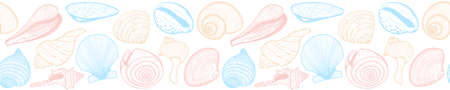 Seamless border of seashells. A narrow rectangular pattern of hand-drawn elements. A collection of round and spiral shells in delicate colors.Sketch.Vector illustration. isolated on a white backgroundのイラスト素材