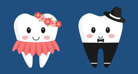 A pair of teeth characters. Cute girl in a dress and with a wrap, boy in trousers and hat. The design elements in funny cartoon style.Pediatric dentistry. Healthy teeth. Isolated on darkのイラスト素材