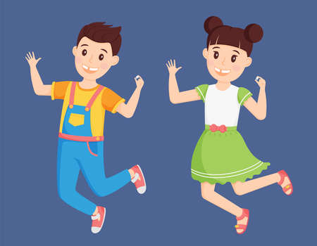 Children a boy in a jumpsuit and a girl in a dress jump with a fallen tooth in their hand. Cute cartoon characters are happy and smiling. Loss of the first tooth. Vector illustration. Flat styleのイラスト素材