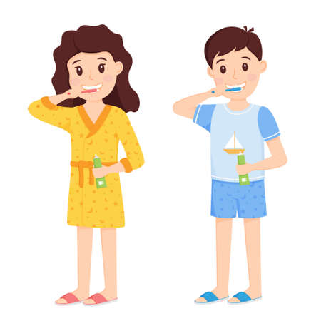 Children a boy and a girl brush their teeth in home clothes. Morning routine, taking care of dental health. Cute cartoon characters. Healthy lifestyle.Children's vector illustration in a flat styleのイラスト素材