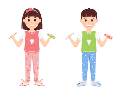Children boy and girl in pajamas stand holding toothpaste and a brush. Cute cartoon characters are smiling. Care for dental health, Healthy lifestyle.Color vector illustration for children.Flat style.のイラスト素材