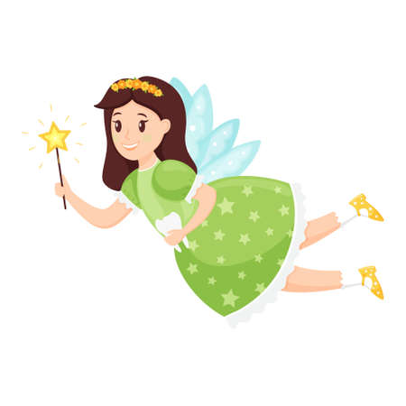 Tooth fairy, Princess with a magic wand and a tooth in her hands flying on wings.Cute cartoon character in a dress is smiling. Vector illustration for children isolated on white background.Flat styleのイラスト素材
