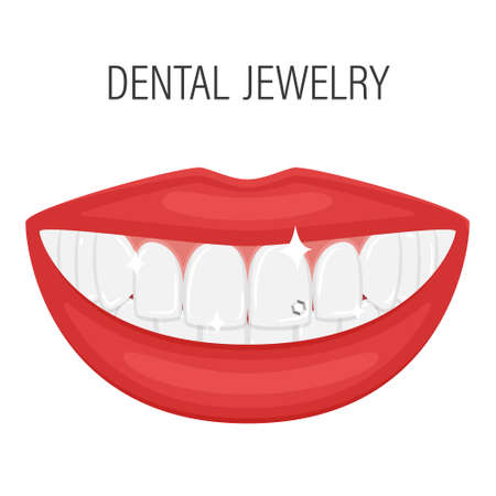 Smiling mouth. Rhinestone on the tooth. The decoration of the tooth. Dental jewelry. Beautiful female plump lips with even white teeth. Perfect smile. Isolated vector illustration in flat style.のイラスト素材