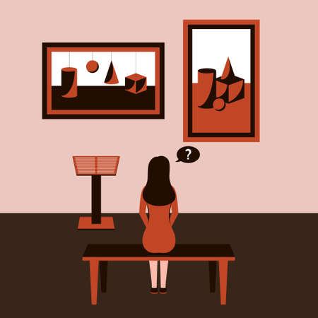 A girl sits back on a bench in a Museum, at an exhibition of modern art and looks at paintings with geometric shapes hanging on the wall. Monochrome brown color scheme. Vector illustration. Concept.のイラスト素材
