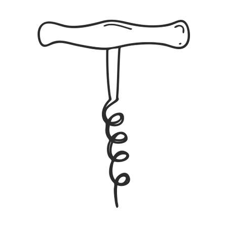Corkscrew. Tableware. Kitchen accessories, cooking utensils. Design element for menu design, recipes, and food packaging. Hand drawn and isolated on white. Black-white vector illustrationのイラスト素材
