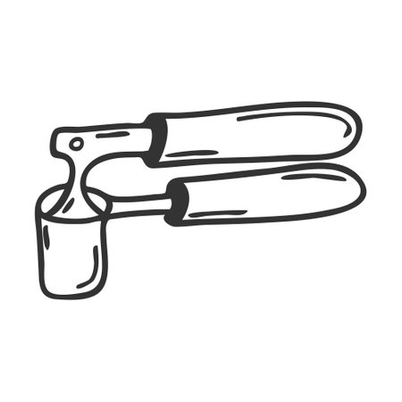 The garlic crusher. Garlic press. Kitchen accessories, cooking utensils. Design element for menu design, recipes, and food packaging. Hand drawn and isolated on white. Black-white vector illustration.のイラスト素材