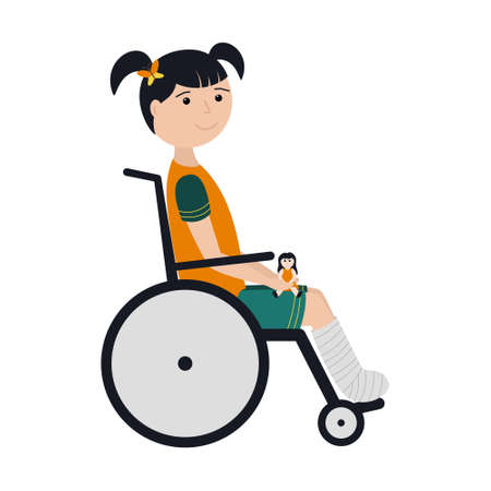A girl with dark hair and a broken leg is sitting in a wheelchair with a doll in her hands. The leg is bandaged and fixed with a cast. Color illustration with a child in a flat style.Isolated on whiteのイラスト素材