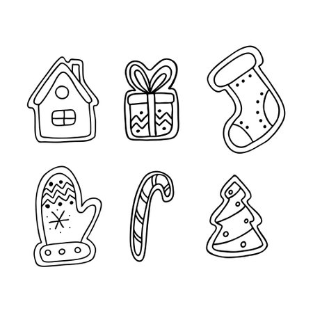Set of gingerbread cookies in Doodle style. The sketch is hand-drawn and isolated on a white background. Element of new year and Christmas design. Outline drawing. Black-white vector illustrationのイラスト素材