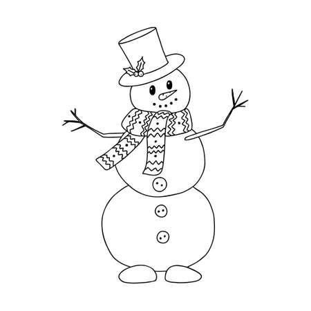 Snowman in a scarf and top hat in Doodle style. The sketch is hand-drawn and isolated on a white background. Element of new year and Christmas design. Outline drawing. Black-white vector illustration.のイラスト素材