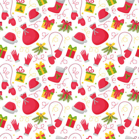 Seamless pattern with bright Christmas elements on a white background. Great for wrapping paper, gift boxes. Flat objects are isolated and hidden under a mask. Easy to edit. Vector illustration.のイラスト素材