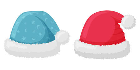 Santa's hat is red and blue with a pattern, fur and a pompom. The winter accessory for the head in flat style isolated on white. Elements of clothing for design of winter, New year and Christmas.のイラスト素材