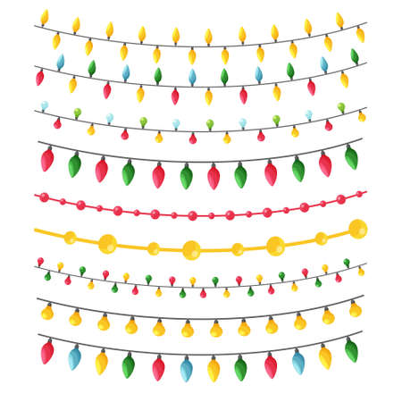 A set of different garlands in a flat style for decorating Christmas cards, invitations, leaflets, banners. Color vector illustration in flat style, isolated on a white background.のイラスト素材
