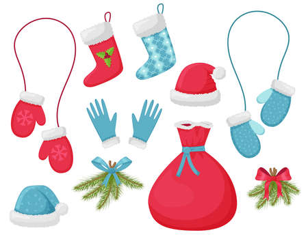 A collection of flat-style elements. Christmas sock, mittens, hat and bag of Santa Claus, fir branches. Design elements for new year cards, advertising leaflets, and flyers. Isolated on whiteのイラスト素材