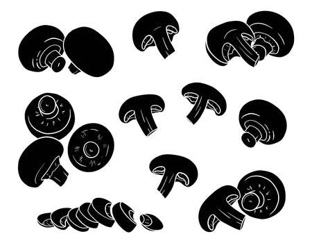 Hand-drawn champignons. Silhouette of mushrooms isolated on a white background. Whole, cut, slices, halves. Black and white vector illustration for food packaging designのイラスト素材