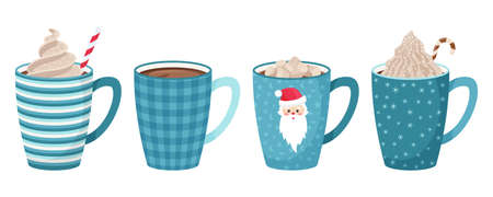 Set of mugs with coffee, tea, cocoa with marshmallow, straw and whipped cream and decorative topping. Hot drinks in mugs with Christmas patterns and elements. Blue tones. Flat style, isolated on whiteのイラスト素材