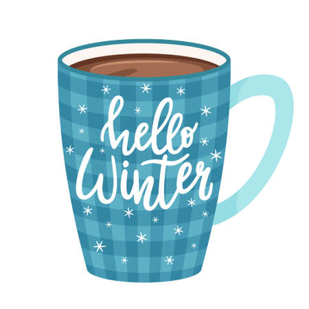 Checkered blue mug with coffee, cocoa or tea. Cup with a hot drink.Handwritten inscription-Hello winter. Hand lettering. Vector illustration in flat style isolated on white background.のイラスト素材