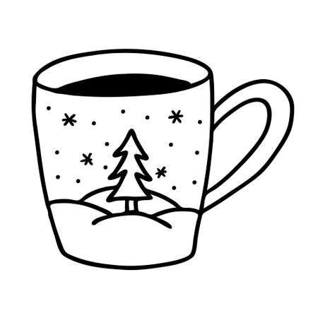 A mug of tea and a winter pattern with a simple fir. Doodle style. The sketch is hand-drawn and isolated on white. Element of new year and Christmas design. Outline drawing. Black white vectorのイラスト素材
