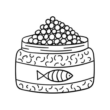 A jar of salmon or other fish roe. Outline sketch food illustration drawn by hand, isolated on a white background. Black white vectorのイラスト素材