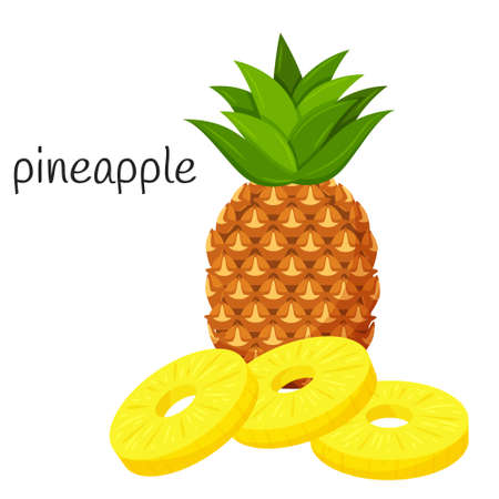 Pineapple whole with leaves and round peeled slices lie on top of each other. Tropical, exotic fruit icon. Flat design. Color vector illustration isolated on a white backgroundのイラスト素材