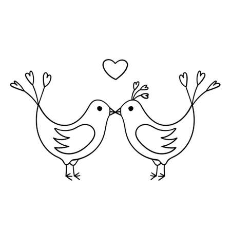 Lovebirds kiss. A couple of birds in love. Simple decorative design element. The outline illustration is hand-drawn, isolated on a white background. Black white vectorのイラスト素材