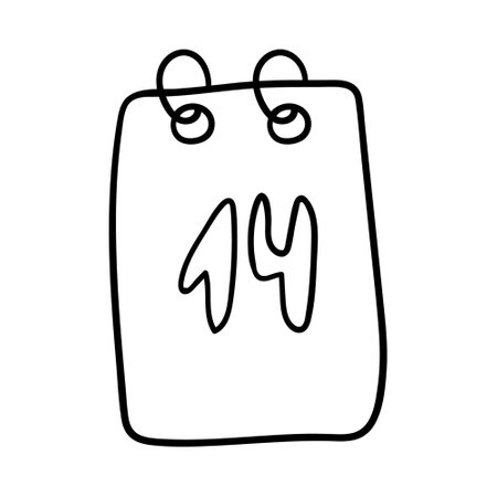 A calendar sheet with the date February 14. Decorative element for Valentine's Day. A simple single outline design object is drawn by hand and isolated on a white background. Black white vector.のイラスト素材