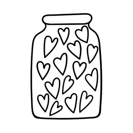 A jar filled with hearts. Simple decorative design element. The outline illustration is hand-drawn, isolated on a white background. Black white vectorのイラスト素材