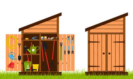 Wooden shed with closed and open doors. Gardening tools are stacked inside the shed and hung on the door. Equipment for growing plants. Vector illustration in a flat styleのイラスト素材