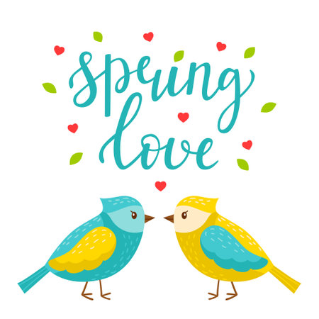 Lovers of spring beautiful birds. The words Spring love. Cartoon characters and lettering. Bright color vector illustration, postcard in flat style. Isolated on a white backgroundのイラスト素材