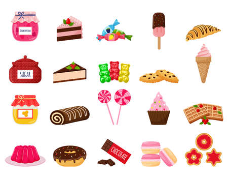 A set of sweets. Sweet pastries, cake, sweets, desserts. A collection of delicious, high-calorie food. Illustration in a cartoon flat style. Isolated on a white backgroundのイラスト素材