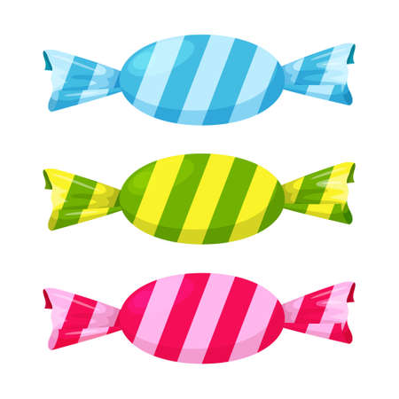 Candy, caramel in a paper striped wrapper. Sweet, unhealthy, bad for the teeth food. Dessert, snack, children's food. Illustration in cartoon flat style. Isolated on a white backgroundのイラスト素材