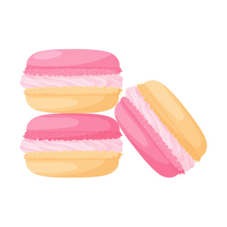 Pink-peach macaroon cakes with cream. Sweet, fatty, high-calorie, unhealthy food, dessert, treat. Color vector illustration in cartoon flat style. Isolated on a white background.のイラスト素材