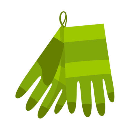 A pair of green gardening work gloves hangs on a nail. gardening, renovation. Cartoon flat style.Isolated on a white backgroundのイラスト素材