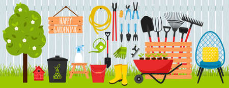A collection of garden tools and equipment for gardening on the background of a wooden fence and lawn grass.Wheelbarrow, rubber boots, apple tree. Large set of vector illustrations.flat cartoon style.のイラスト素材