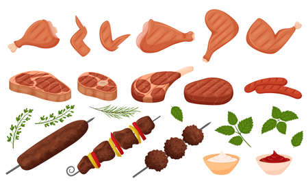 Shish kebab, lula kebab, grilled chicken legs, wings, barbecue beef, sausages, sauces, herbs. Set of Grilled meat dishes. Ready meat food in a flat cartoon style. vector illustration isolated on whiteのイラスト素材