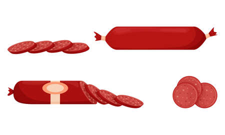 Set of red smoked sausages, whole sausage, half, sliced. Food, ready-made meat dish. Flat style. Color vector illustration isolated on a white background.のイラスト素材