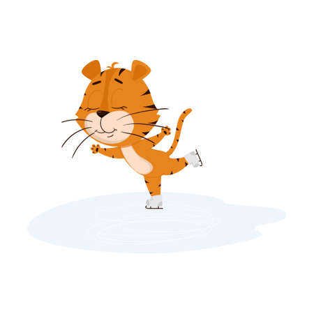 Tiger is skating on the ice rink. Cute cartoon character. The tiger is the symbol of the year 2022. Vector illustration for children. Isolated on a white backgroundのイラスト素材