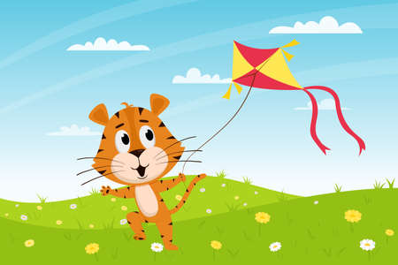 Cute cartoon tiger runs with a kite in the field. Summer landscape. The symbol of the year. Animal character. Color vector illustration for kids.Flat style.のイラスト素材