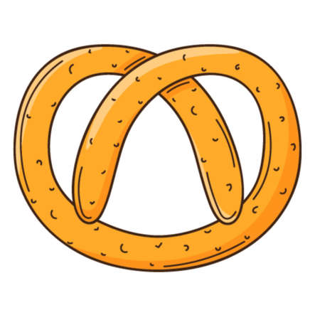 Pretzel. Bakery product. Food design element with outline. Doodle, hand-drawn. Flat design. Color vector illustration. Isolated on a white backgroundのイラスト素材
