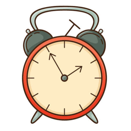 Classic mechanical alarm clock with a hammer. Design element with outline. Doodle, hand-drawn. Flat design. Color vector illustration. Isolated on a white background.のイラスト素材