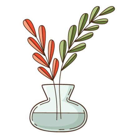 Simple twigs with leaves in a vase of water. A home decor item. Design element with outline. Doodle, hand-drawn. Flat design. Color vector illustration. Isolated on a white background.のイラスト素材