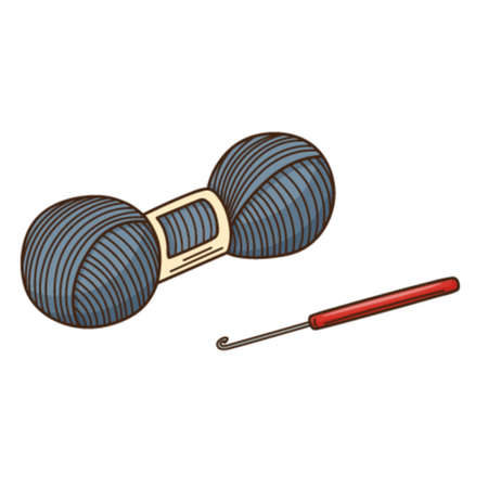 A skein of yarn and a knitting hook. Needlework, knitting. Design element with outline. Doodle, hand-drawn. Flat design. Color vector illustration. Isolated on a white background.のイラスト素材