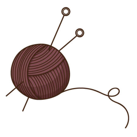 A skein of yarn with knitting needles. Needlework, knitting. Design element with outline. Doodle, hand-drawn. Flat design. Color vector illustration. Isolated on a white background.のイラスト素材