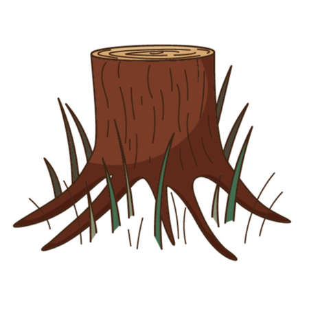 A stump of a tree. Forest, nature. Decorative element with an outline. Doodle, hand-drawn. Flat design. Color vector illustration. Isolated on a white backgroundのイラスト素材