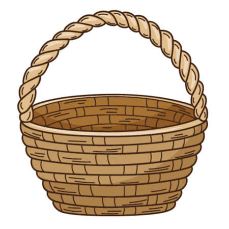 An empty wicker basket. Decorative element with an outline. Doodle, hand-drawn. Flat design. Color vector illustration. Isolated on a white backgroundのイラスト素材