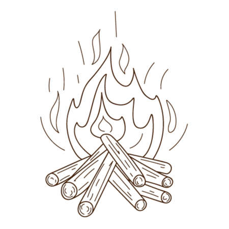A wood-burning bonfire. Camping, picnic, burning flame. Decorative element with an outline. Doodle, hand-drawn. Black white vector illustration. Isolated on a white backgroundのイラスト素材