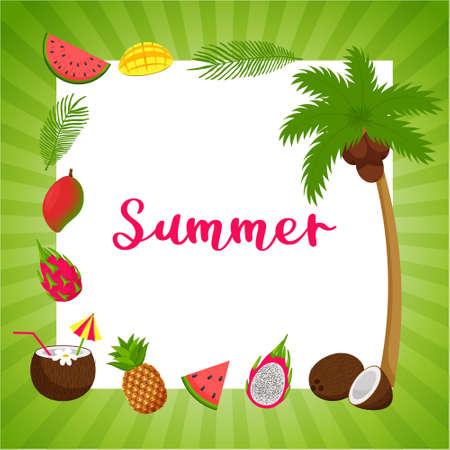 A square postcard with a green striped frame and the words Summer. Summer decorative elements, tropical fruits and palm leaves, palm, monstera, watermelon, coconut, mango. Vector illustration.Flatのイラスト素材