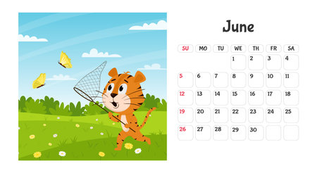 Horizontal desktop calendar page template for June 2022 with a cartoon tiger symbol of the Chinese year. The week starts on Sunday. Tiger catches butterflies with a net.のイラスト素材